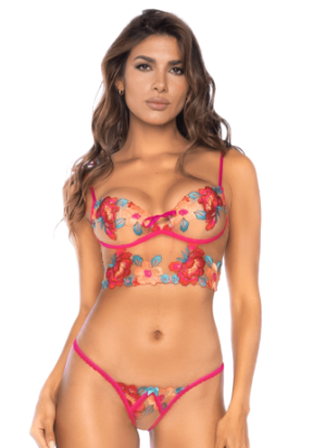 Ensemble 2 pièces brodé rose et bleu, bustier et string - MAL8926SEGA